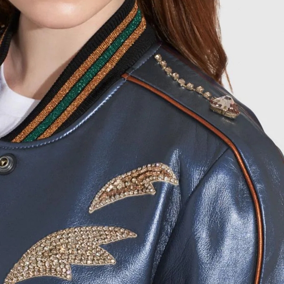 NWT Coach Shrunken Leather Varsity Jacket In Metallic Cadet Blue - Picture 4 of 17